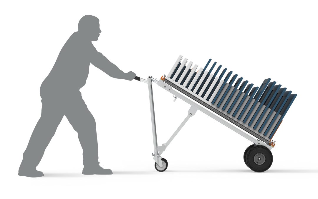 Silhouette of worker pushing Handtruck cart loaded with ProDryingRack Transport