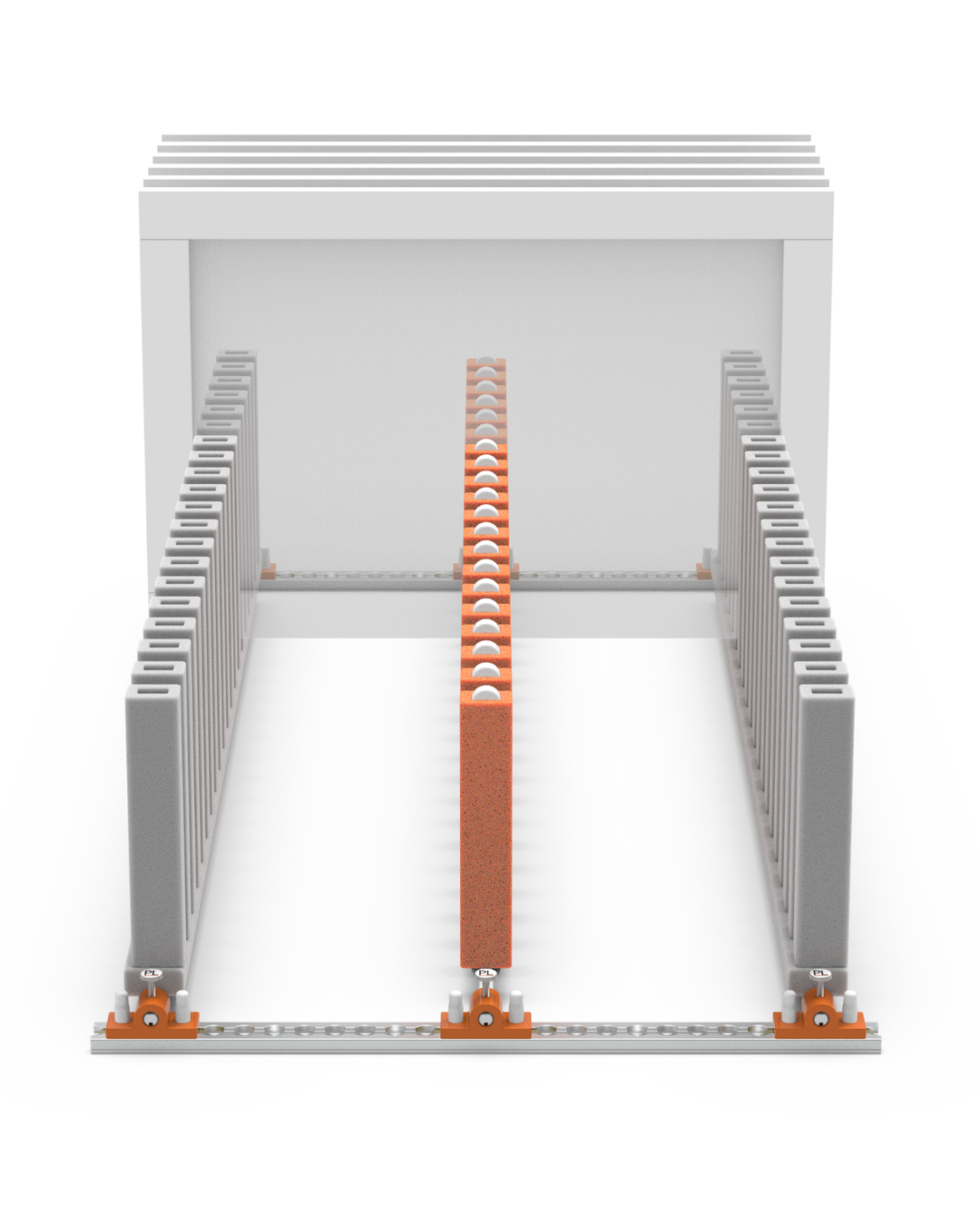 Front view of the ProDryingRack Transport rack with EPE foam arms holding a group of white cabinet doors