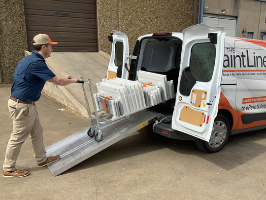 PRODRYINGRACK TRANSPORT (PDRTR) HANDTRUCK ROLLING INTO PAINTLINE VAN