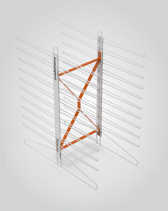 Metal drying rack with orange accents on a white background
