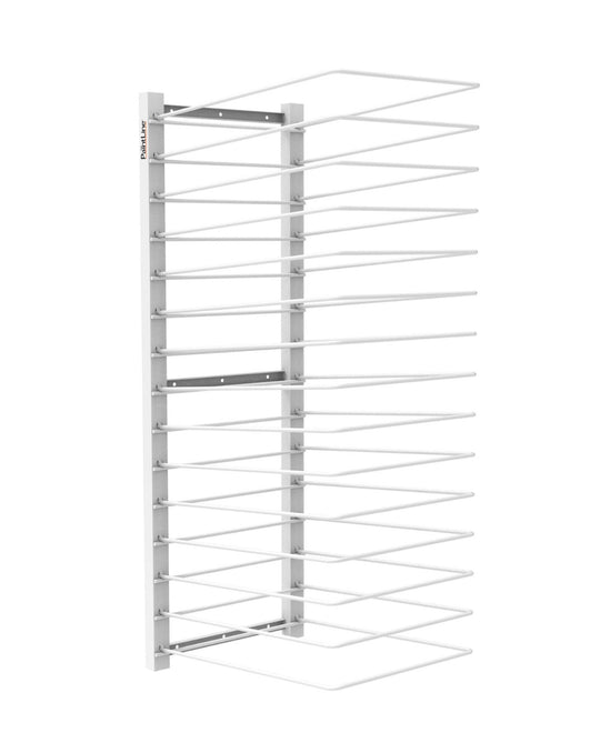 Metal drying rack with white shelves on a white background