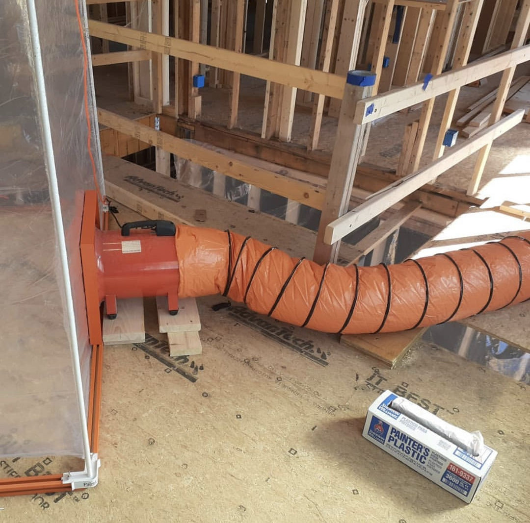 PORTABLE JOBSITE SPRAY BOOTH (PJSB) DUCTING IN USE IN WORKSHOP