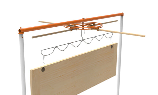 PRODRYINGRACK SD (PSDR) SERIES PREMIUM HINGE HOOKS RENDERING WITH WAVE HANGER AND CABINET DOOR