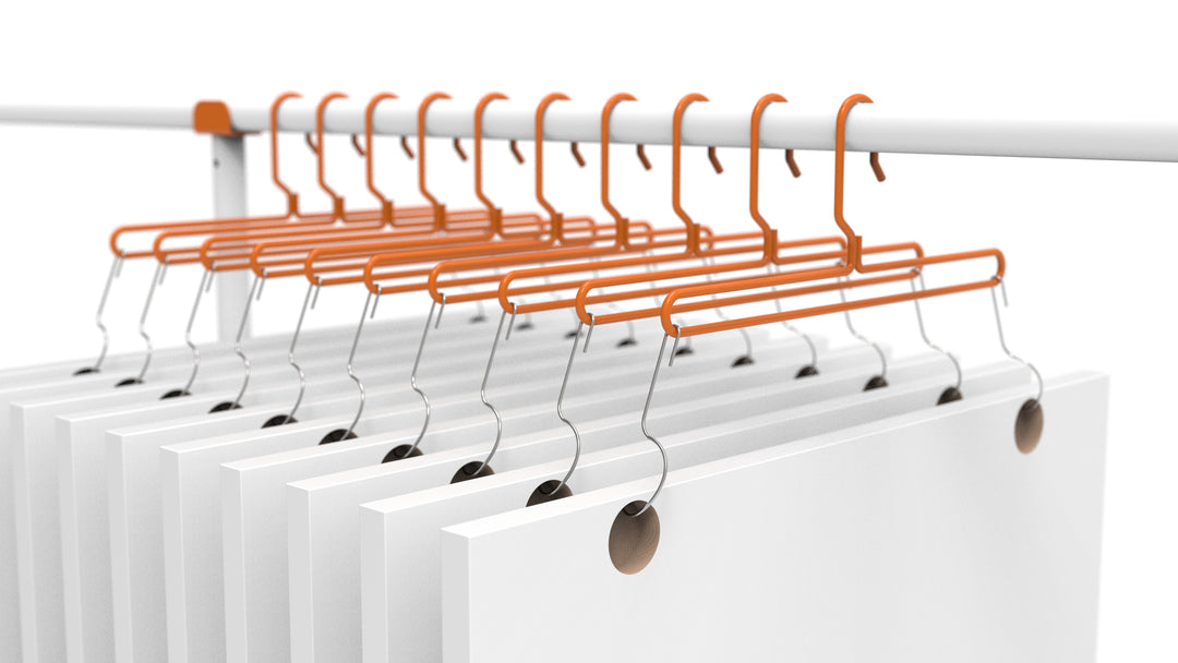 PRODRYINGRACK SD (PSDR) SERIES STANDARD HANGERS RENDERING IN USE WITH PREMIUM HINGE HOOKS