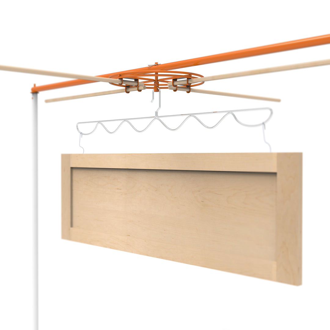 PRODRYINGRACK SD (PSDR) SERIES SPINNER RENDERING SHOWING CABINET DOOR HANGING ON WAVE HANGER, HINGE HOOKS, WITH WOODEN DOWELS IN SPINNER