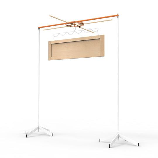 PRODRYINGRACK SD (PSDR) SERIES SPINNER RENDERING SHOWING CABINET DOOR HANGING ON WAVE HANGER, HINGE HOOKS, WITH WOODEN DOWELS IN SPINNER