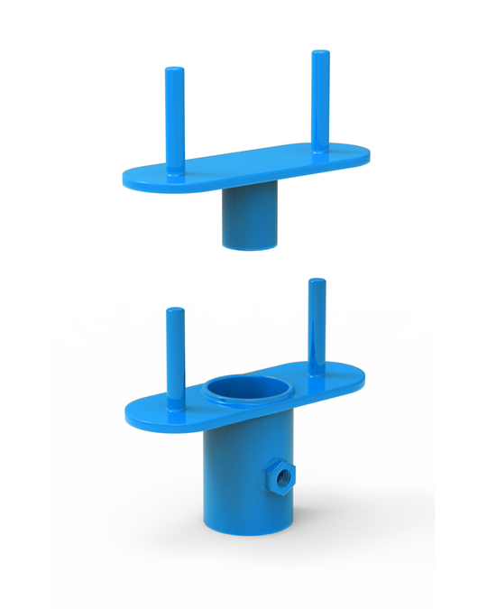 Two blue metal components on a white background