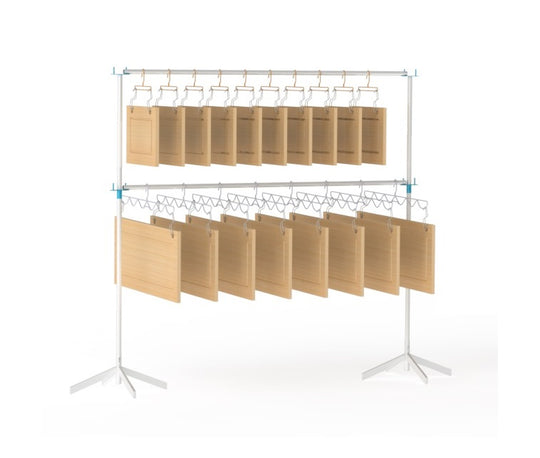 PRODRYINGRACK SD (PSDR) SERIES 2ND TIER CONNECTORS RENDERING IN USE WITH CABINET DOORS HANGING VERTICALLY ON HANGERS