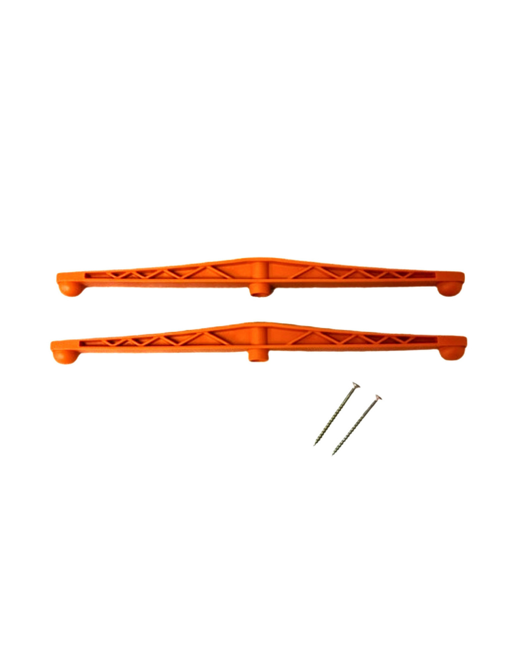 Two orange plastic base frames with two wood screws on a white background