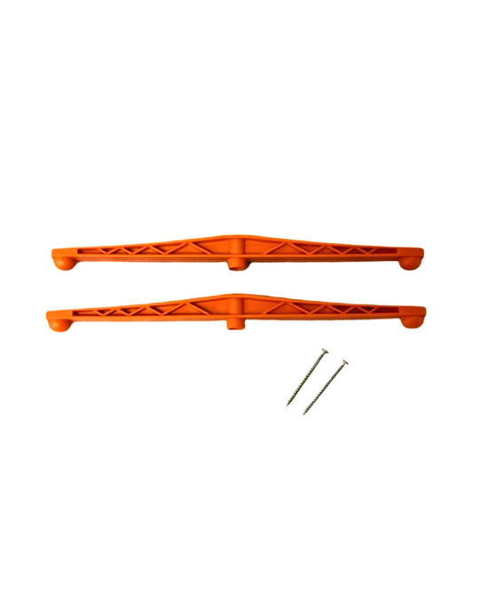 Two orange plastic base frames with two wood screws on a white background