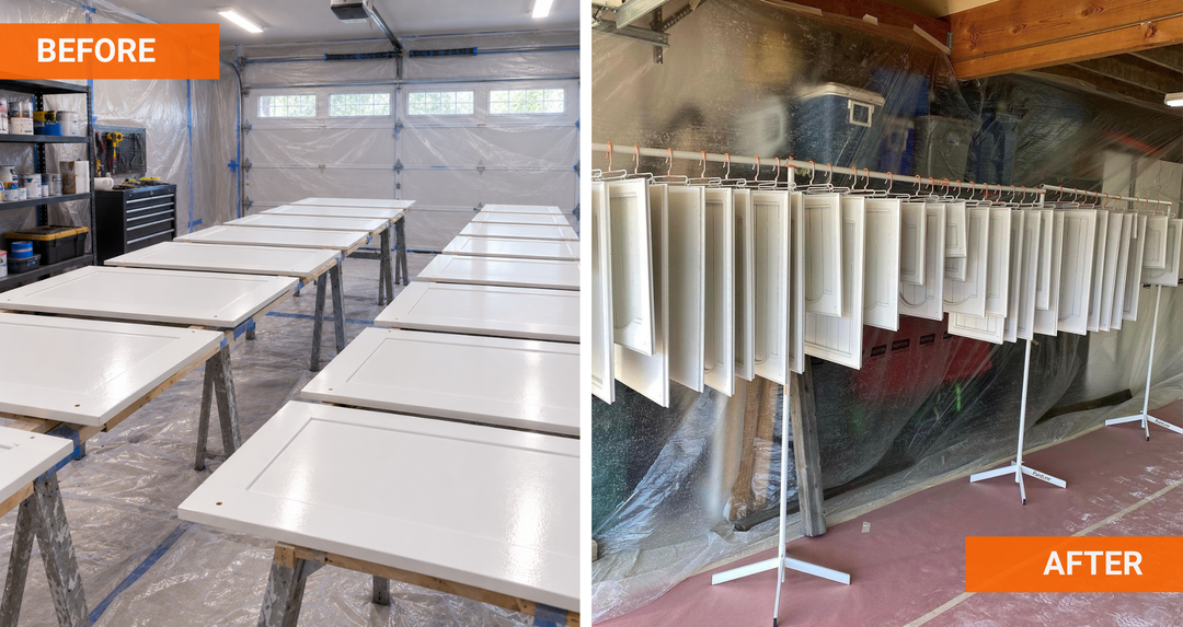 A side-by-side before and after comparison showing white cabinet doors being refinished. The left 'BEFORE' panel shows the panels laid out on workbenches inside a garage workshop. The right 'AFTER' panel shows the cabinets hanging on the PaintLine PSDR Series.