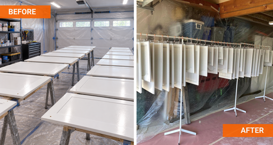 A side-by-side before and after comparison showing white cabinet doors being refinished. The left 'BEFORE' panel shows the panels laid out on workbenches inside a garage workshop. The right 'AFTER' panel shows the cabinets hanging on the PaintLine PSDR Series.