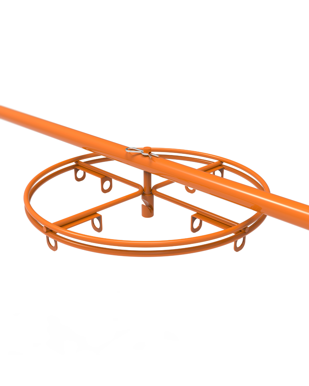 Orange metal rotating wheel spinner on an orange pole, used for hanging and spraying cabinet doors