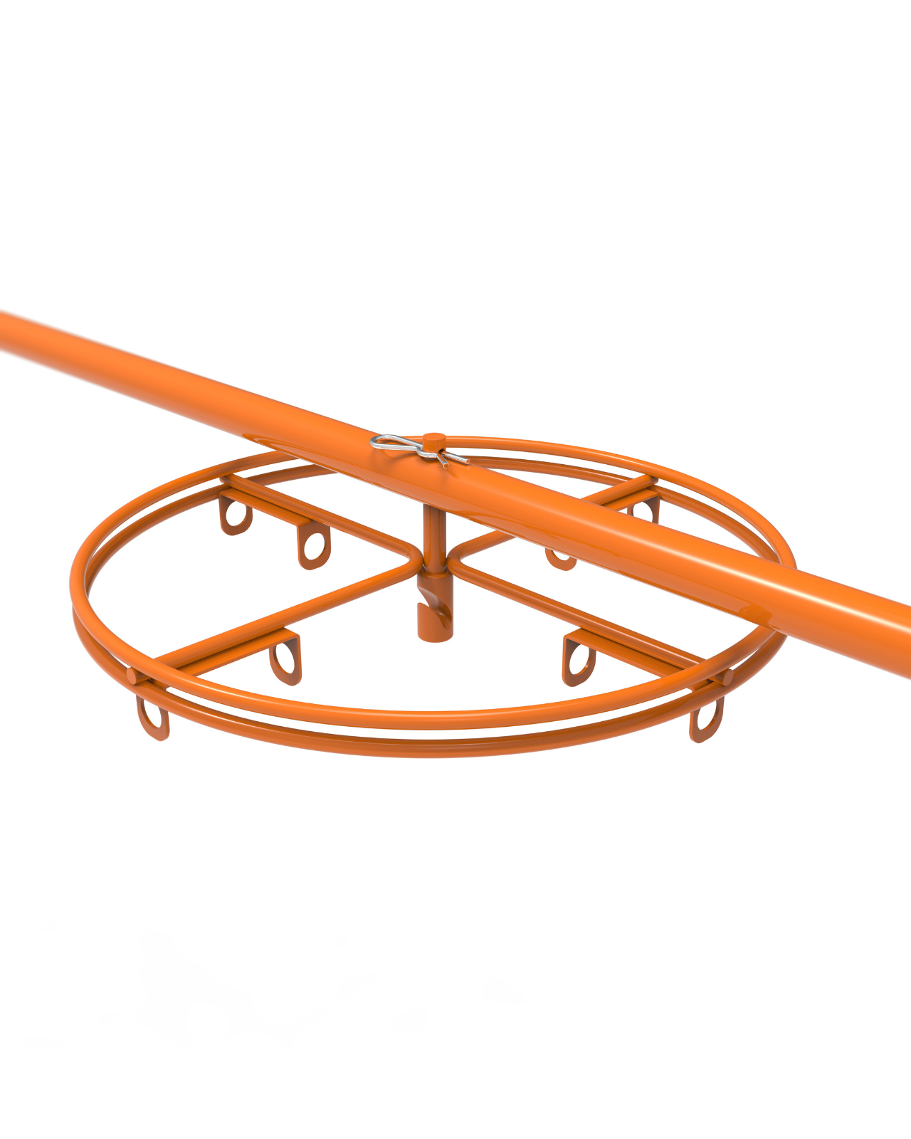 Orange metal rotating wheel spinner on an orange pole, used for hanging and spraying cabinet doors
