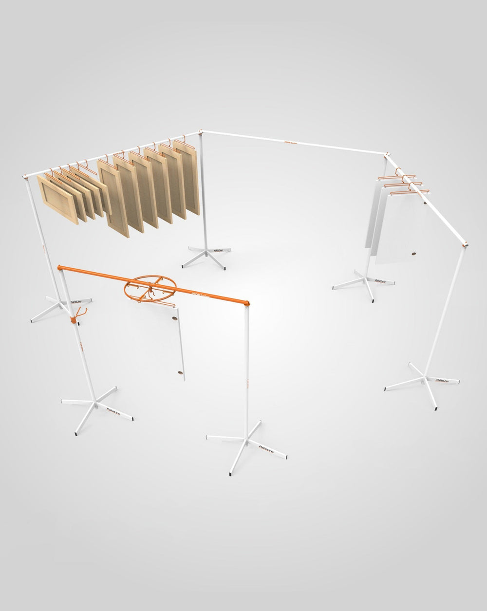 PaintLine PSDR Series drying rack shown from a front view, focusing on the spinner system holding a white cabinet door, with more cabinet doors hanging on drying lines in the background.