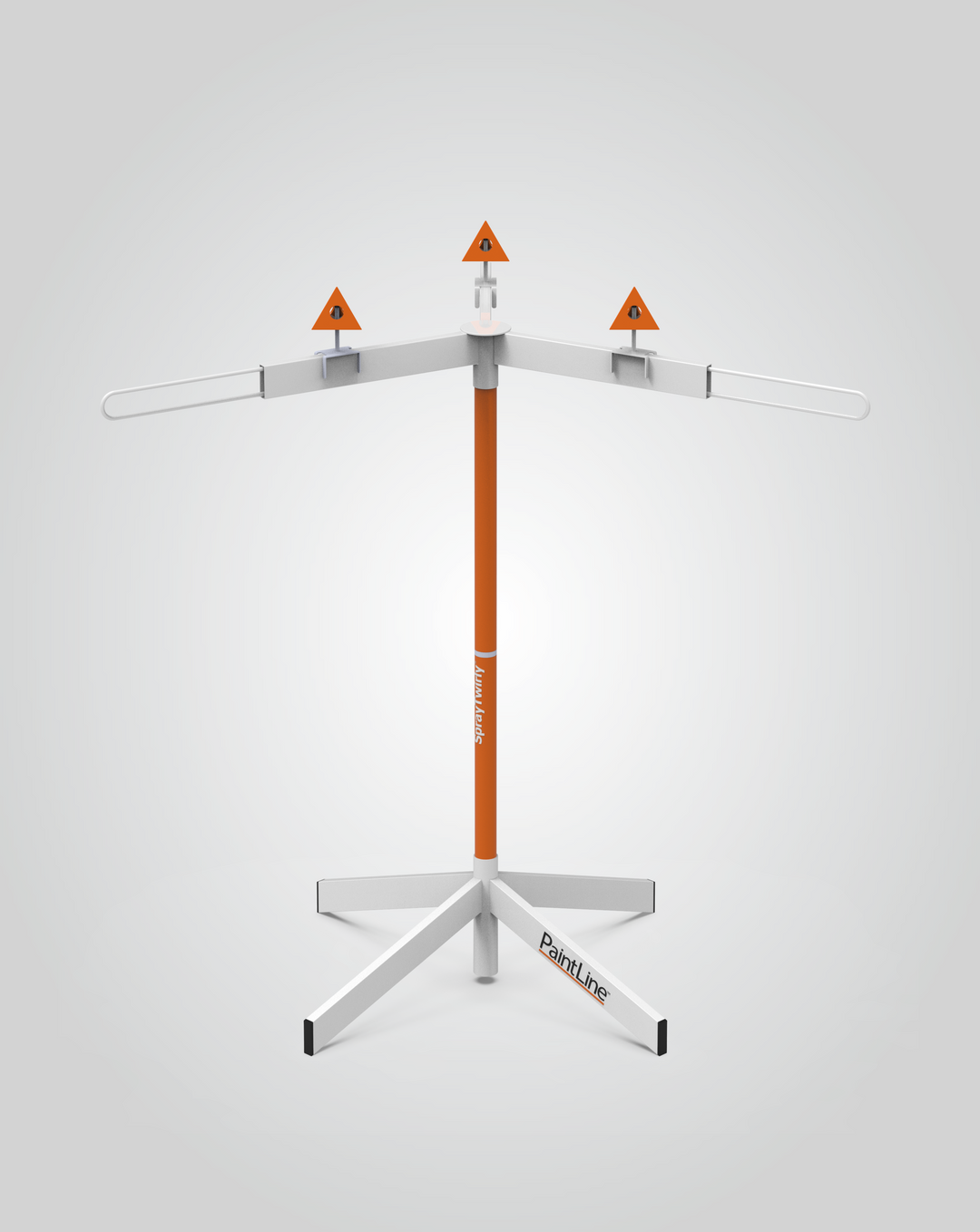 Rotating finishing stand with paint pyramids on a gray background