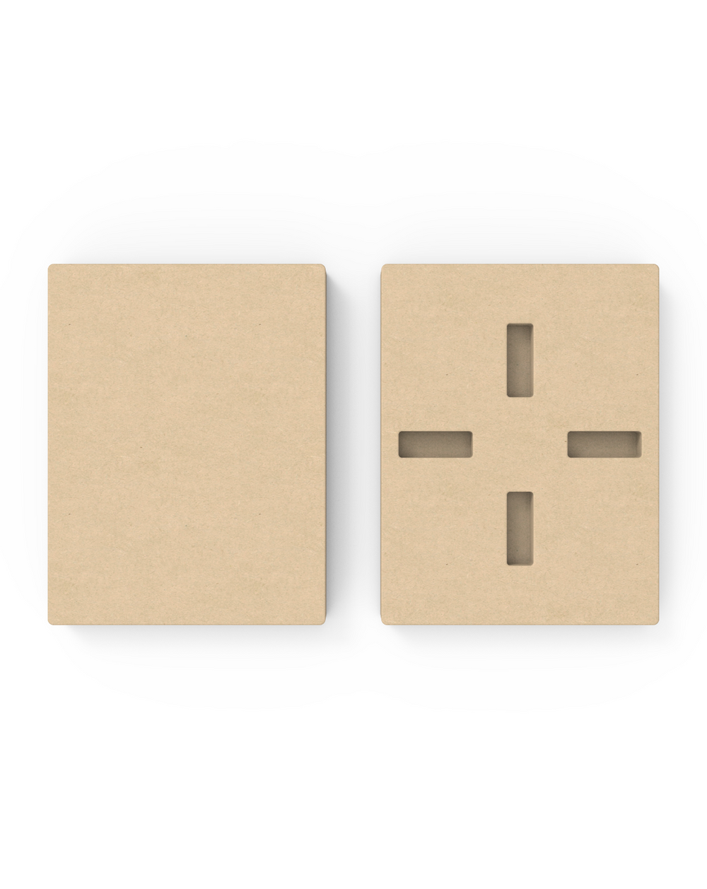 Two beige wooden MDF blocks with cut-out designs on a white background
