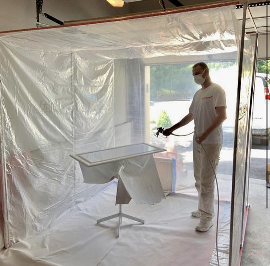 SPRAYTWIRLY (SPTY) BEING USED BY CUSTOMER INSIDE PORTABLE JOBSITE SPRAY BOOTH