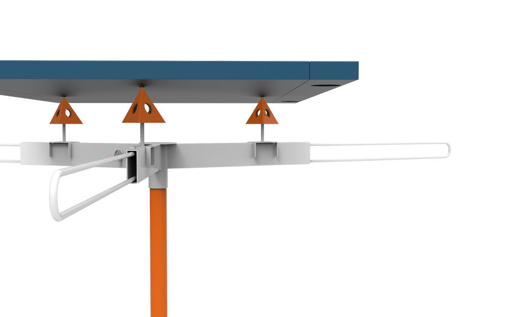 Close-up of a metal stand with a blue cabinet door and orange paint pyramids on a white background