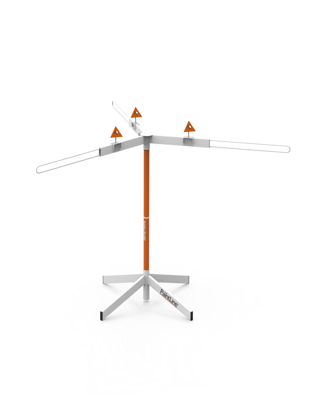 Rotating finishing stand with paint pyramids on a white background