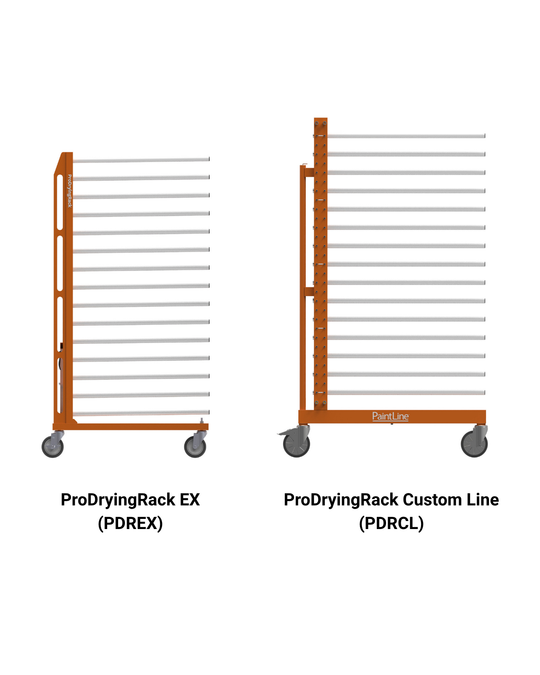 Two orange industrial drying racks on casters shown side by side on a white background, with text labels reading ProDryingRack EX (PDREX) and ProDryingRack Custom Line (PDRCL).