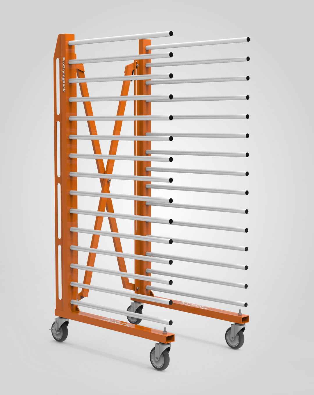 Rolling rack with multiple shelves on wheels against a light gray background