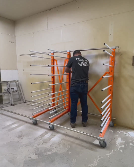 PaintLine's expandable drying rack series being used by customers in multiple workshop settings.
