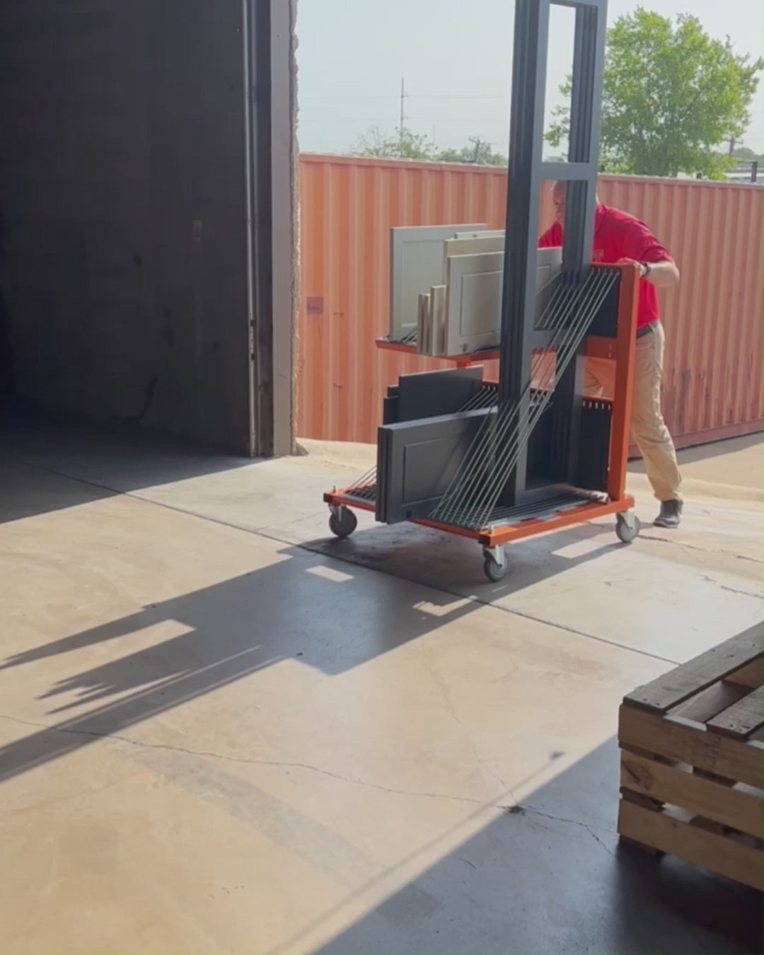 PaintLine's Pro Face Frame & Door Mover being used in a warehouse setting