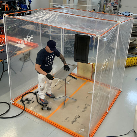 PORTABLE JOBSITE SPRAY BOOTH (PJSB) BLOWER BUNDLE WITH DISPOSABLE LINER IN USE