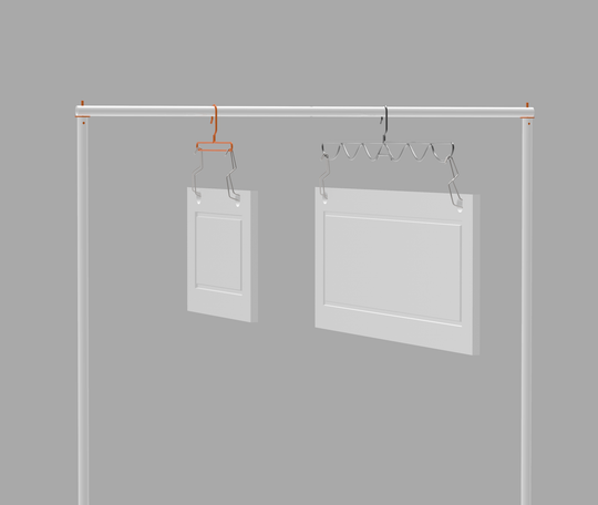 PRODRYINGRACK SD (PSDR) SERIES EFC HINGE HOOKS RENDERING, IN USE WITH STANDARD AND WAVE HANGERS WITH WHITE CABINET DOORS HUNG BY HINGE POCKET