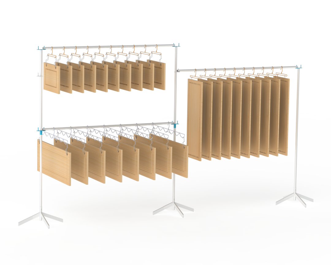 PRODRYINGRACK SD (PSDR) SERIES ACCESSORIES IN USE WITH CABINET DOORS DRYING VERTICALLY, HEIGHT EXTENDERS AND 2ND TIER CONNECTORS RENDERING