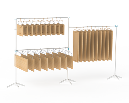 PRODRYINGRACK SD (PSDR) SERIES ACCESSORIES IN USE WITH CABINET DOORS DRYING VERTICALLY, HEIGHT EXTENDERS AND 2ND TIER CONNECTORS RENDERING