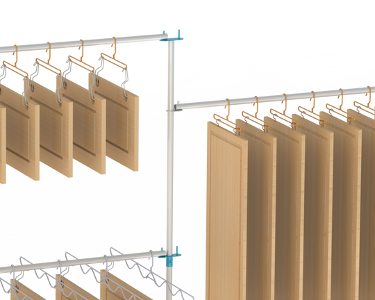 PRODRYINGRACK SD (PSDR) SERIES ACCESSORIES IN USE WITH CABINET DOORS DRYING VERTICALLY, HEIGHT EXTENDERS AND 2ND TIER CONNECTORS RENDERING